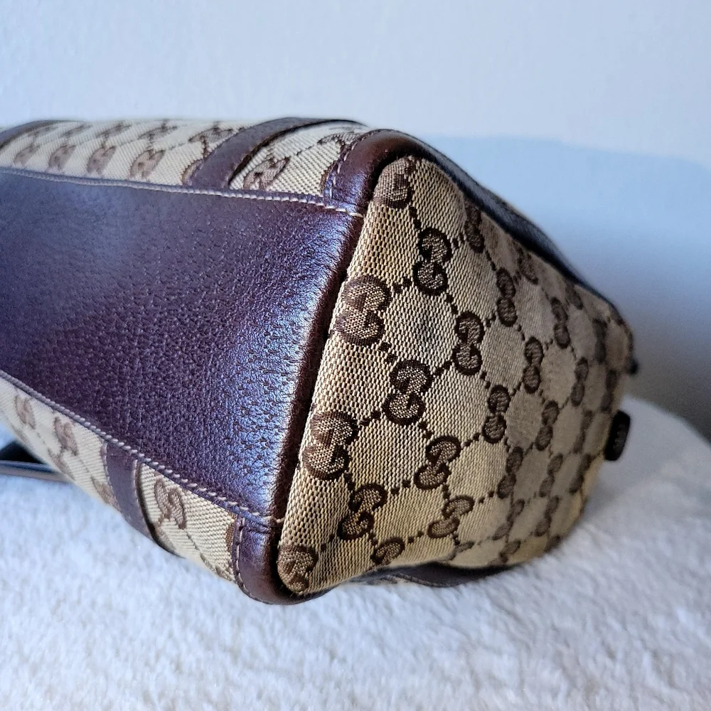 Gucci Beige Logo Canvas and Brown Leather Satchel - Picture 10 of 14
